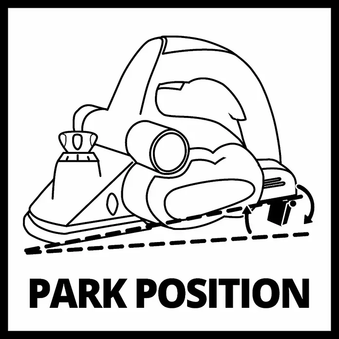 Einhell Expert Elektrohobel TE-PL 900 - 900 W, Hobeltiefe: 0 mm - 3 mm, Leerlaufdrehzahl: 15.000 U/min - Illustration einer Hobelmaschine in Parkposition, die die sichere Aufbewahrung des Geräts hervorhebt.