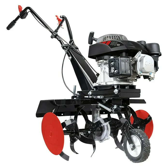 Scheppach Benzin-Bodenhacke MTP560 - 2.700 W, 4-Takt - Nahaufnahme eines schwarzen Gartenfräse mit roten Details.