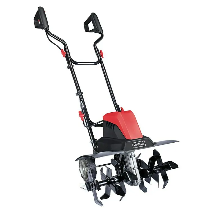 Scheppach Elektro-Bodenhacke MTE460 - Leistung: 1.500 W, Arbeitsbreite: 45 cm, Arbeitstiefe: 22 cm - Abbildung einer Scheppach Bodenhacke mit schwarzen Griffen und roten Akzenten, ideal für die Gartenarbeit.