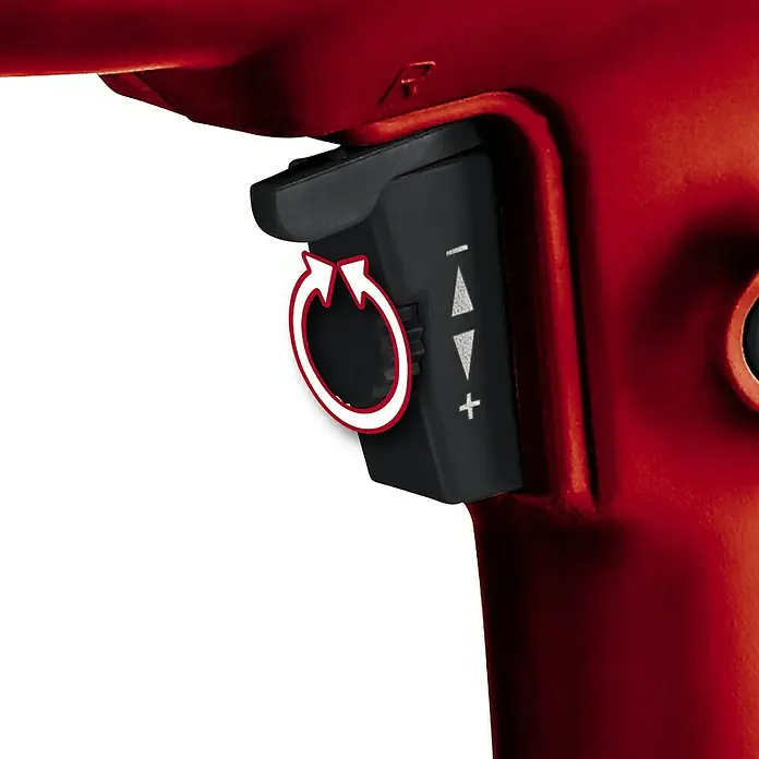 Einhell Classic Schlagbohrmaschine TC-ID 650 E - 650 W, Schnellspannbohrfutter - Detailansicht des Umschalters für die Drehrichtung am Einhell Werkzeug, mit Symbolen für verschiedene Funktionen.