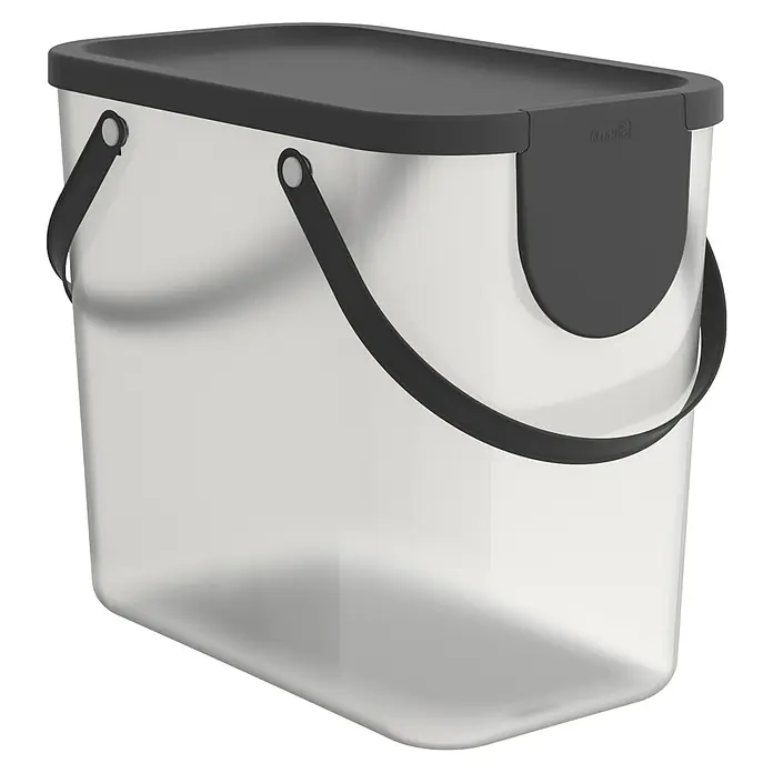 Rotho Albula Mülltrennsystem - 25 l, Kunststoff, Transparent - Das Bild zeigt einen transparenten Vorratsbehälter mit grauem Deckel und Henkel, ideal für die Aufbewahrung von Lebensmitteln.