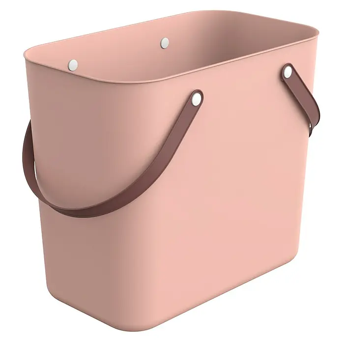 Rotho Albula Tasche Multibag Classic - 25 l, Linnea Rosa, Kunststoff - Bild eines rosefarbenen Korbs mit braunen Griffen, ideal für die Aufbewahrung und Organisation im Haushalt.