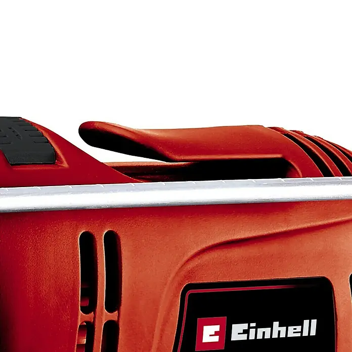 Einhell Classic Schlagbohrmaschine TC-ID 650 E - 650 W, Schnellspannbohrfutter - Detailaufnahme eines Einhell-Elektrowerkzeugs in Rot mit silberfarbenen Akzenten und dem Einhell-Logo.