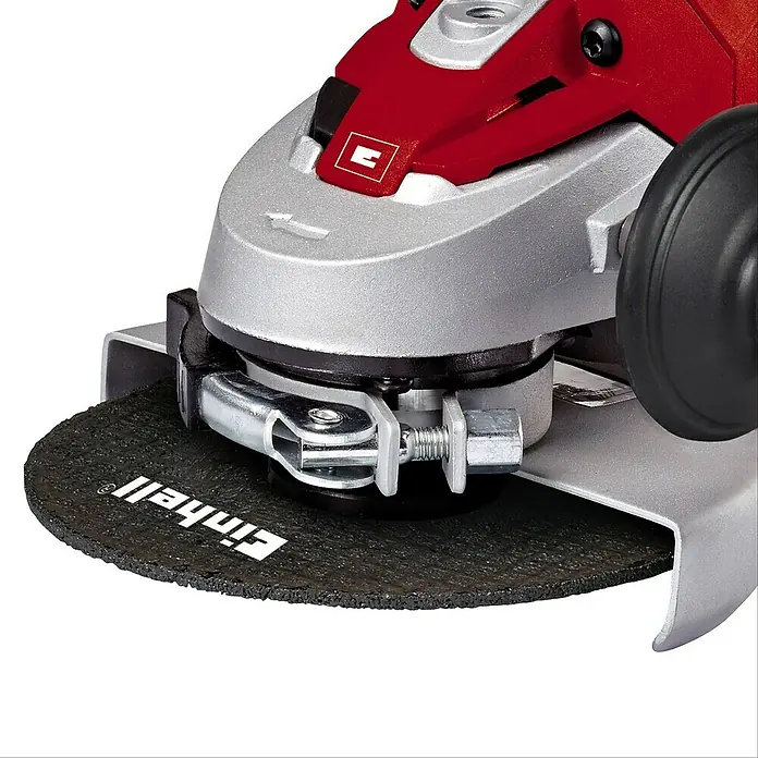Einhell Expert Elektro-Winkelschleifer TE-AG 125/750 - Durchmesser Scheibe: 125 mm, Leerlaufdrehzahl: 12.000 U/min - Detailaufnahme eines Einhell Winkelschleifers mit Schleifscheibe und Schutzvorrichtung, ideal für professionelle Schleifarbeiten.