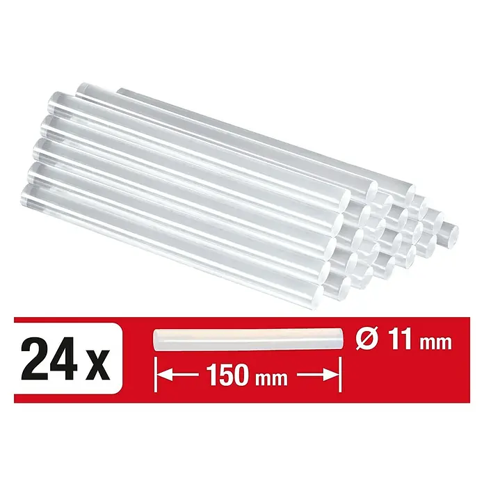 Einhell Klebepatronen - Gesamtstückzahl: 24 Stk., Durchmesser Klebepatrone: 11 mm - Eine Packung mit 24 transparenten Klebestiften, ideal für verschiedene Bastel- und Reparaturarbeiten. Durchmesser 11 mm, Länge 150 mm.