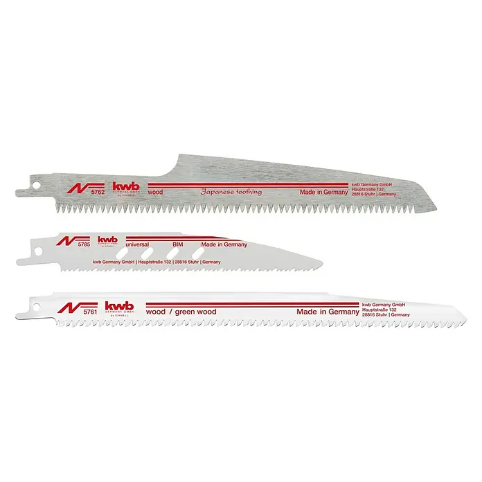 Einhell Säbelsägeblatt-Set3 -tlg. - Das Bild zeigt eine Nahaufnahme von drei KWB Säbelsägeblättern unterschiedlicher Typen für Holzbearbeitung, "Made in Germany".