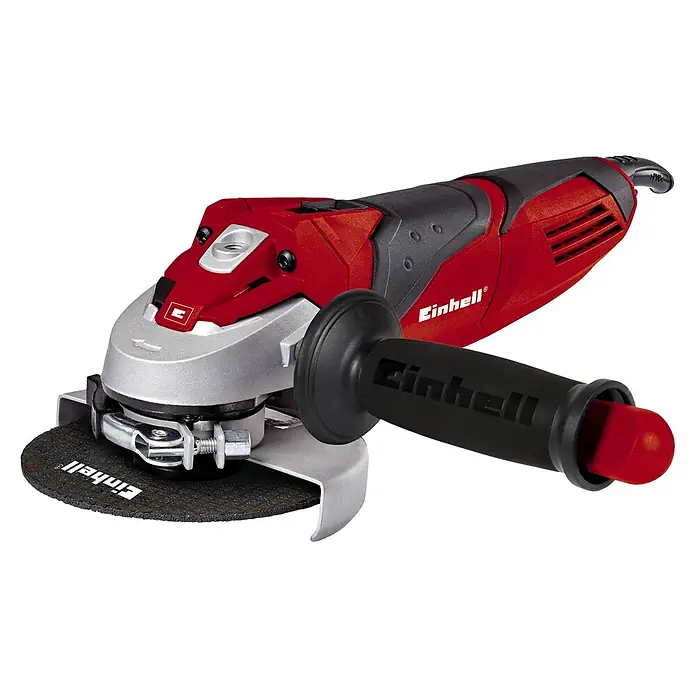 Einhell Expert Elektro-Winkelschleifer TE-AG 125/750 - Durchmesser Scheibe: 125 mm, Leerlaufdrehzahl: 12.000 U/min - Ein roter Einhell Winkelschleifer mit Seitengriff und Schleifscheibe vor schwarzem Hintergrund.