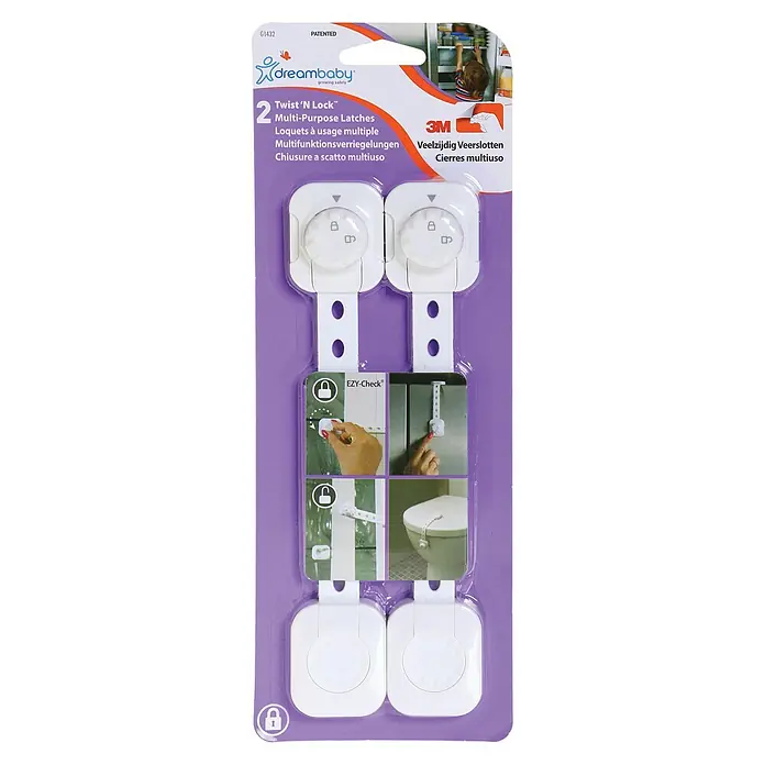 Dreambaby Multifunktionsverschluss Twist n Lock - Kleben, 2 Stk. - Dreambaby Twist 'N Lock™ Mehrzweckriegel: Kindersicherung für Schränke, Schubladen und mehr. Einfache Installation und Bedienung für erhöhte Sicherheit.