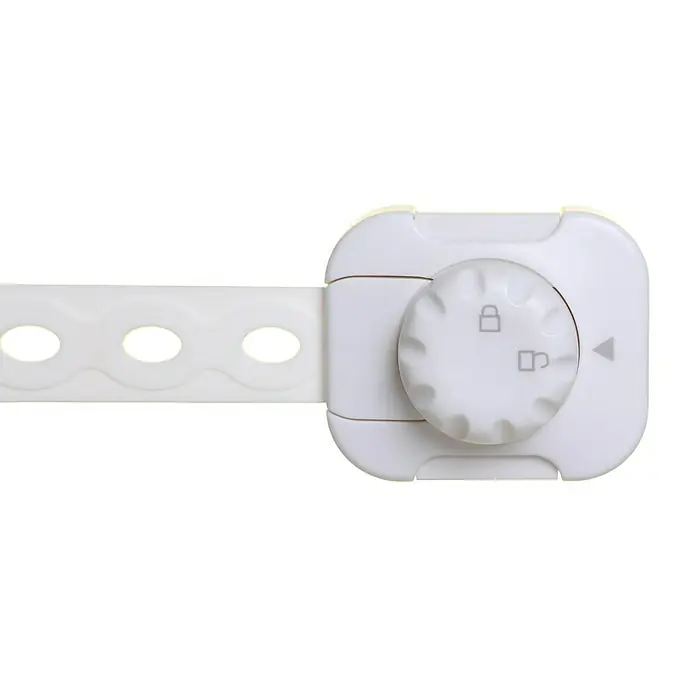 Dreambaby Multifunktionsverschluss Twist n Lock - Kleben, 2 Stk. - Ein weißes Schrankschloss für Kindersicherung mit verstellbarem Riemen und Drehknopf zum Ver- und Entriegeln.