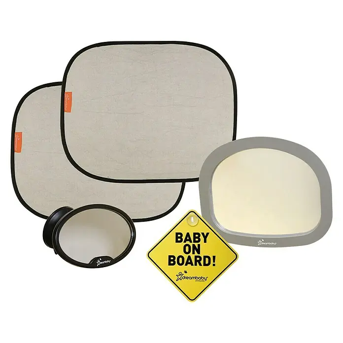 Dreambaby Auto-Set Reise Kleinkinder - Fahrzeuge - Autosonnenschutz, Babyspiegel & "Baby an Bord"-Schild von Dreambaby, ideal für sichere & komfortable Autofahrten mit Baby.