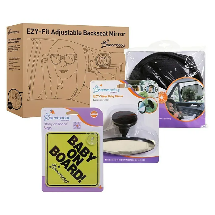 Dreambaby Auto-Set Reise Kleinkinder - Fahrzeuge - Produktansicht von Dream Baby: Verstellbarer Rücksitzspiegel, Baby-Sicherheitszeichen, Sonnenblenden und Baby-Rückspiegel zur einfachen Überprüfung.