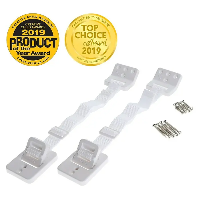 Dreambaby Kippsicherung Scharniere - Weiß - Zwei weiße Möbel-Kippsicherungen mit Schrauben, ausgezeichnet mit dem "Produkt des Jahres 2019" und dem "Top Choice Award 2019".