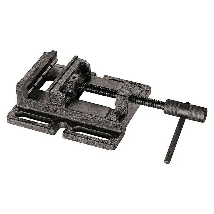 Einhell Maschinenschraubstock - Spannweite: 0 mm - 65 mm - Eine Werkbank mit Schraubstock. Der Schraubstock ist aus Metall und hat eine schwarze Farbe, mit einer drehbaren Kurbel zum Festziehen.