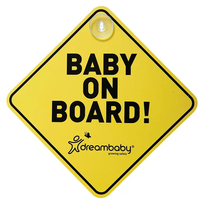 Dreambaby Auto-Set Reise Kleinkinder - Fahrzeuge - Gelbes "Baby on Board"-Schild mit Saugnapf zur sicheren Anbringung im Auto, um andere Verkehrsteilnehmer auf das Baby aufmerksam zu machen.