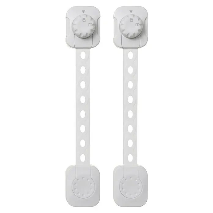 Dreambaby Multifunktionsverschluss Twist n Lock - Kleben, 2 Stk. - Zwei weiße Schranksicherungen mit verstellbarem Riemen und Drehverschluss für mehr Kindersicherheit im Haushalt.
