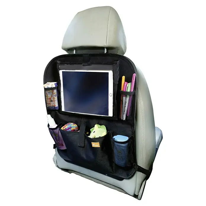 Dreambaby Autositz-Organizer Autorücksitz - Schwarz - Rücksitz-Organizer mit Tablet-Halterung und mehreren Taschen zur Aufbewahrung von Reiseutensilien im Auto.