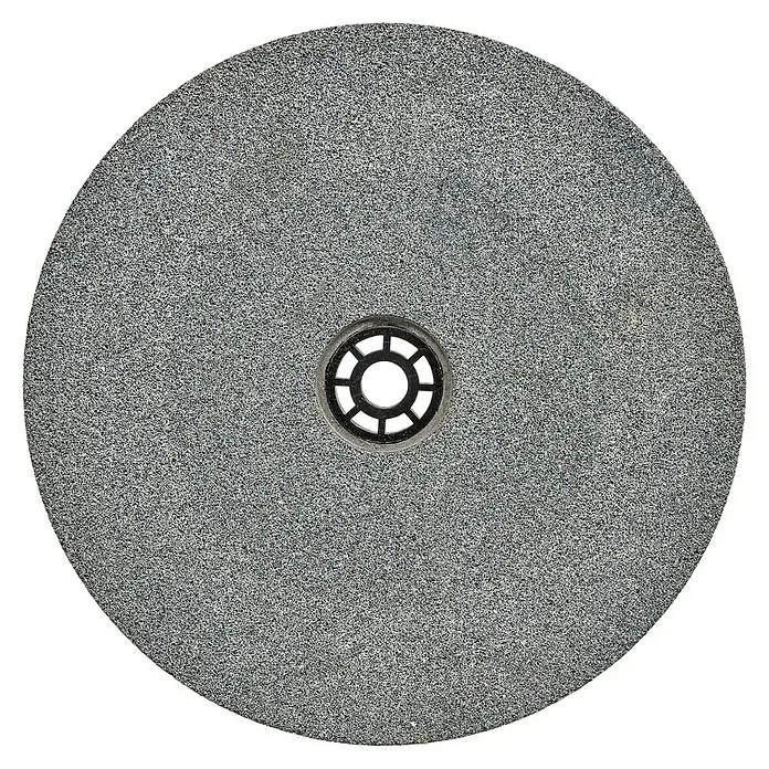 Einhell Schleifscheibe - Durchmesser: 200 mm, Körnung: 36, Durchmesser Bohrung: 32 mm - Nahaufnahme einer Schleifscheibe mit einer rauen, grauen Oberfläche und einer mittigen Aussparung mit geometrischem Muster.