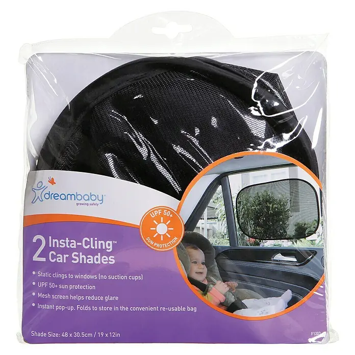 Dreambaby Sonnenschutz Insta-Cling - Geeignet für: Fenster, L x B: 48 x 30,5 cm - Hier ist die Verpackung der Dreambaby Auto-Sonnenblenden mit Saugnapf, die vor Sonnenlicht schützt und Blendung reduziert.