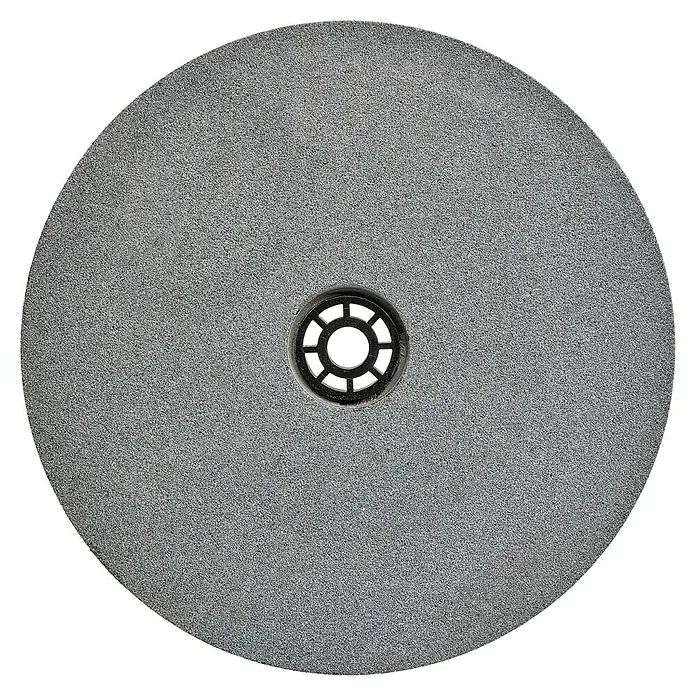 Einhell Schleifscheibe - Durchmesser: 200 mm, Körnung: 60, Durchmesser Bohrung: 32 mm - Graue Schleifscheibe mit einer Öffnung in der Mitte, umgeben von kleinen Quadraten, auf schwarzem Hintergrund.