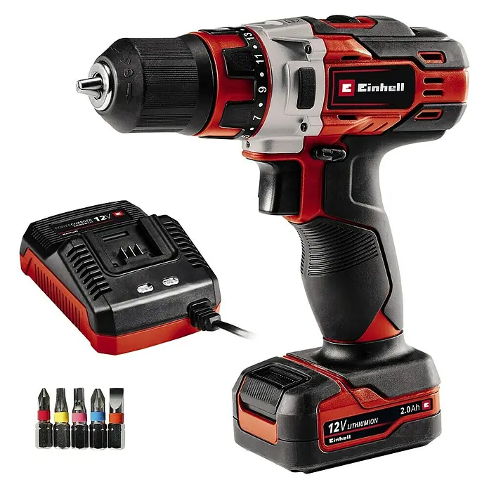 Einhell Akku-Bohrschrauber TE-CD 12/1 Li (1x2,0Ah) - 12 V, 1 Akku, 2 Ah - Akku-Bohrschrauber von Einhell mit Ladegerät und Bits. Kompaktes und leistungsstarkes Werkzeug für verschiedenste Schraub- und Bohrarbeiten.