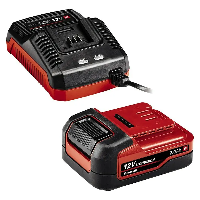 Einhell Akku-Bohrschrauber TE-CD 12/1 Li (1x2,0Ah) - 12 V, 1 Akku, 2 Ah - Ein Einhell 12V Power X-Change Ladegerät und ein 2.0Ah Lithium-Ionen-Akku, beide in Rot und Schwarz gehalten, für Werkzeuge und Geräte.