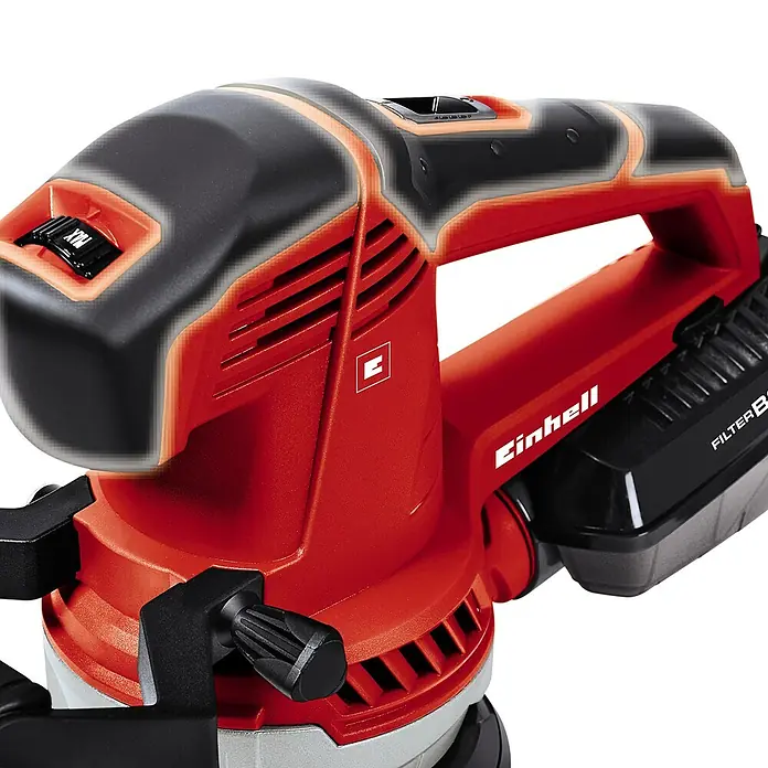 Einhell Expert Elektro-Exzenterschleifer TE-RS 40 - 400 W, Durchmesser Schleifteller: 125 mm - Detailaufnahme einer roten Einhell Trockenbauschleifer, der für präzise Schleifarbeiten konzipiert ist.