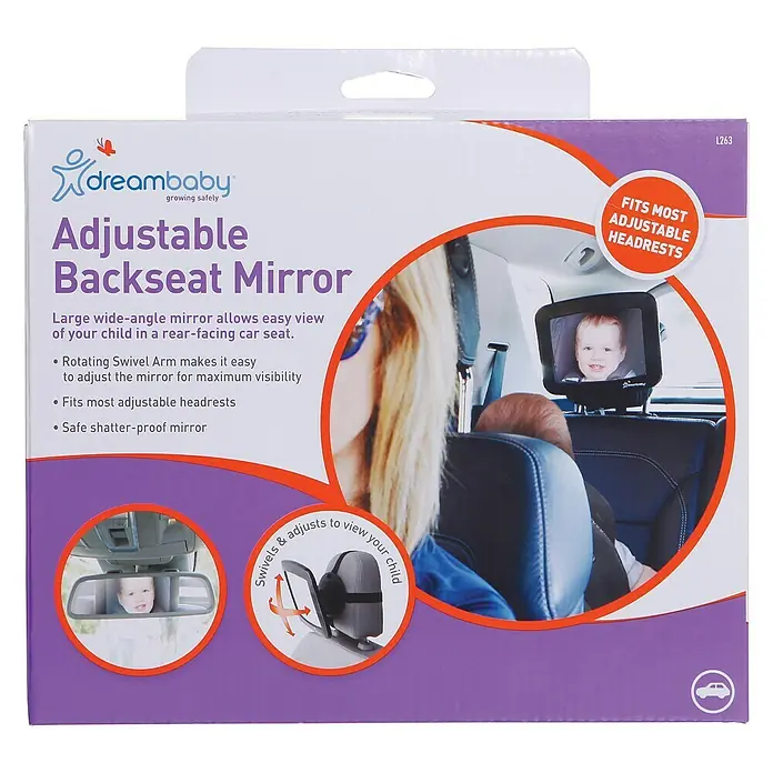 Dreambaby Rückspiegel Autositz - Schwarz - Produktverpackung des Dreambaby Autospiegel zur Beobachtung des Kindes auf dem Rücksitz mit schwenkbarer Befestigung für Kopfstützen.
