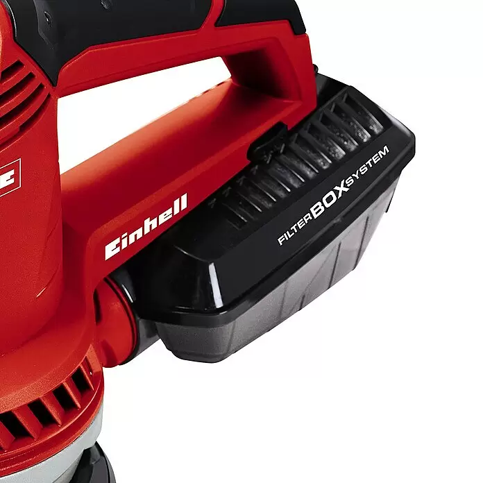 Einhell Expert Elektro-Exzenterschleifer TE-RS 40 - 400 W, Durchmesser Schleifteller: 125 mm - Rotes und schwarzes Einhell Elektrowerkzeug mit angebrachtem schwarzem FILTERBOX SYSTEM Staubfangbehälter.