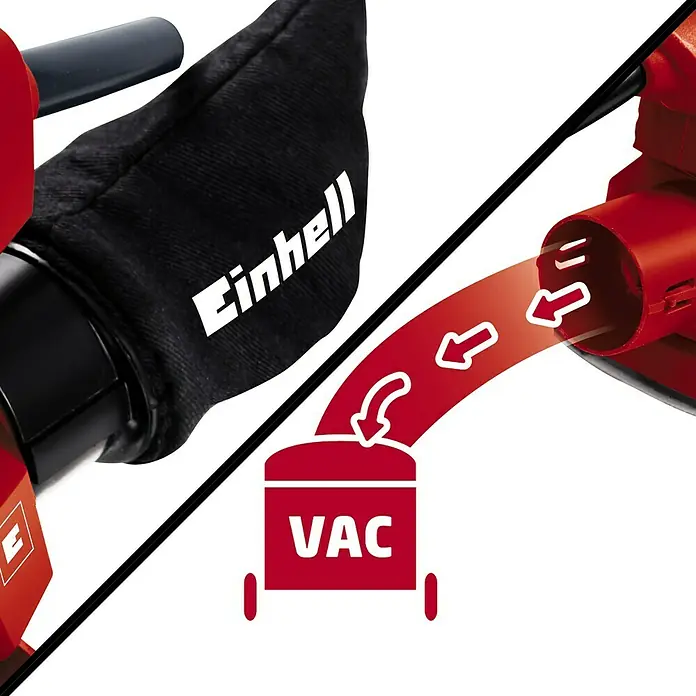 Einhell Elektro-Multischleifer TH-OS 1016 - 100 W, Leerlaufschwingzahl: 24.000 U/min, Durchmesser Schwingkreis: 1,6 mm - Darstellung eines Laubsaugers im Betrieb, der Blätter einsaugt und in einem Fangsack sammelt.