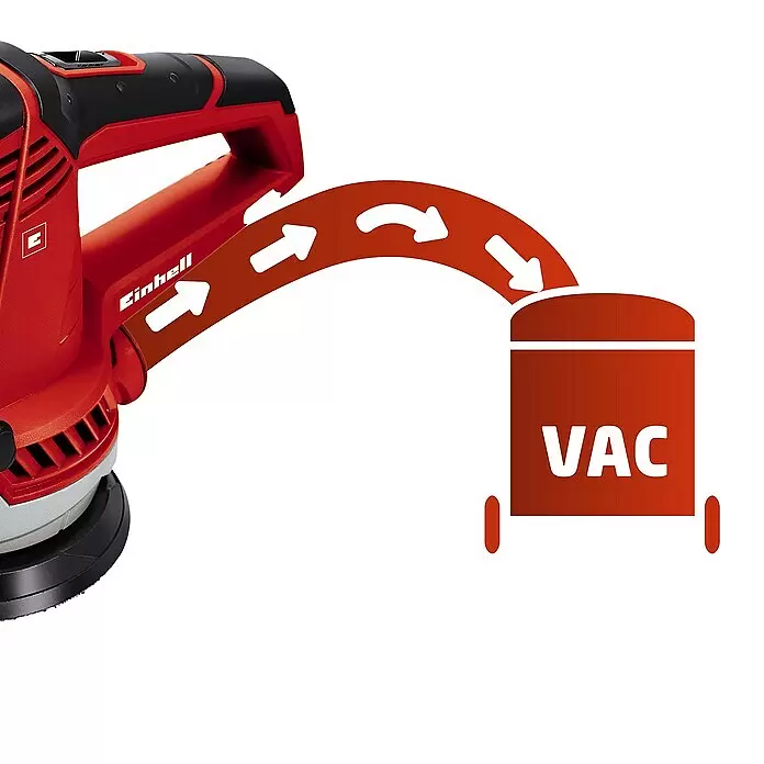 Einhell Expert Elektro-Exzenterschleifer TE-RS 40 - 400 W, Durchmesser Schleifteller: 125 mm - Roter und schwarzer Exzenterschleifer mit Staubabsaugung, die Staub in eine stilisierte Vakuum-Einheit leitet.