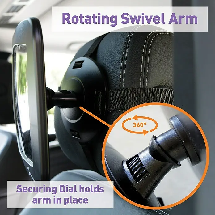 Dreambaby Rückspiegel Autositz - Schwarz - Auto-Baby-Spiegel mit drehbarem Kugelgelenk für 360°-Drehung und sicherem Einstellrad zur Fixierung der Position für optimale Sicht.
