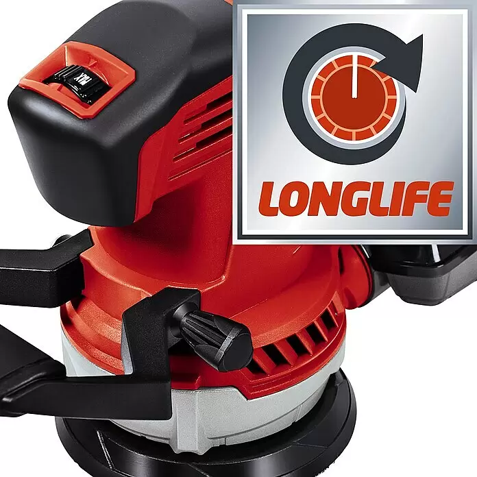 Einhell Expert Elektro-Exzenterschleifer TE-RS 40 - 400 W, Durchmesser Schleifteller: 125 mm - Rot-schwarzer Exzenterschleifer mit "MAX"-Schalter und "LONGLIFE"-Grafik, der hohe Leistung und Langlebigkeit anzeigt.