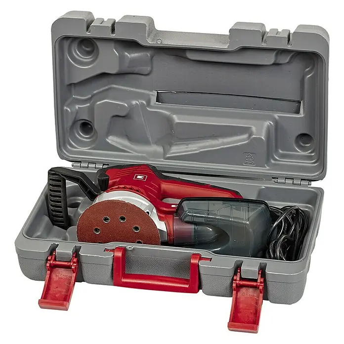 Einhell Expert Elektro-Exzenterschleifer TE-RS 40 - 400 W, Durchmesser Schleifteller: 125 mm - Ein Exzenterschleifer im grauen Koffer mit rotem Griff. Das Elektrowerkzeug ist rot und silberfarben. Zubehör ist auch im Koffer.