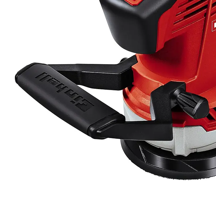 Einhell Expert Elektro-Exzenterschleifer TE-RS 40 - 400 W, Durchmesser Schleifteller: 125 mm - Detailaufnahme eines Einhell Produkts, das ein schwarzer Griff und rote Akzente aufweist, was auf ein Elektrowerkzeug hinweist.