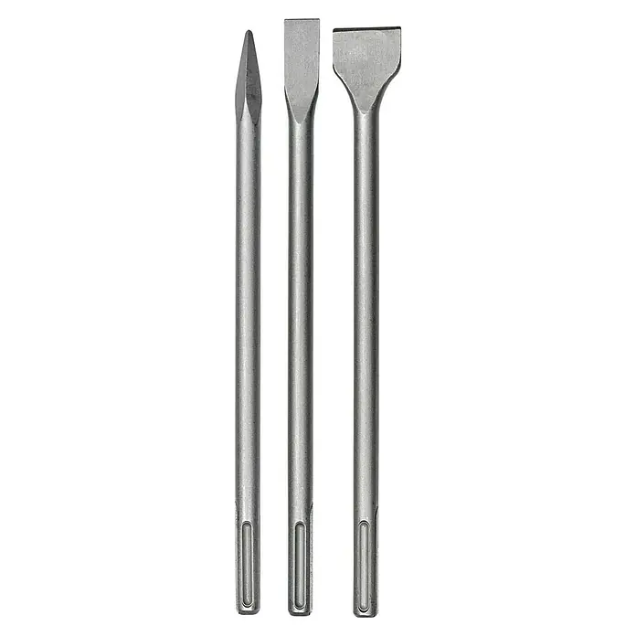Einhell Meißel-Set - 3 -tlg., SDS Max - Auf dem Bild sind drei SDS-Plus Meißel abgebildet, ein Spitz-, ein Flach- und ein Breitmeißel. Geeignet für Hammerbohrmaschinen.