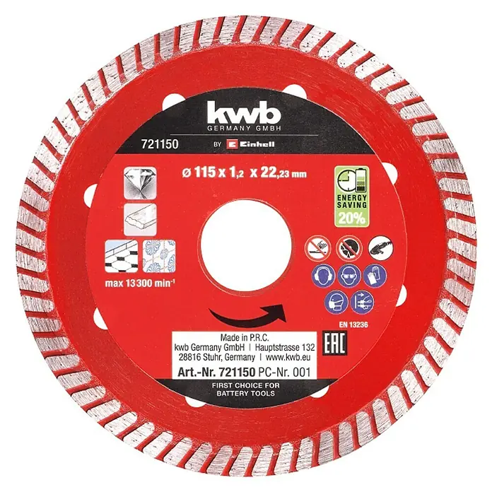 Einhell Diamant-Trennscheibe - Durchmesser Scheibe: 115 mm, Stärke Scheibe: 1,2 mm - Das Bild zeigt eine rote KWB Germany GmbH Trennscheibe mit der Artikelnummer 721150, geeignet für Akku-Werkzeuge.