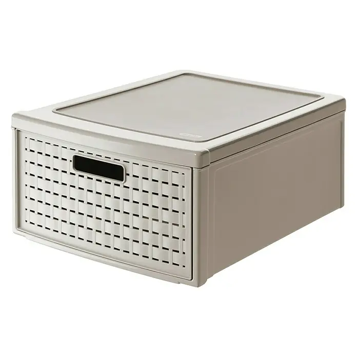 Rotho Schubladenbox Country - L x B x H: 45 x 34 x 20 cm, Cappuccino, Anzahl Schubladen: 1 Stk. - Aufbewahrungsbox aus Kunststoff mit geflochtenem Korbdesign und grauem Deckel, ideal für die Organisation im Haushalt.