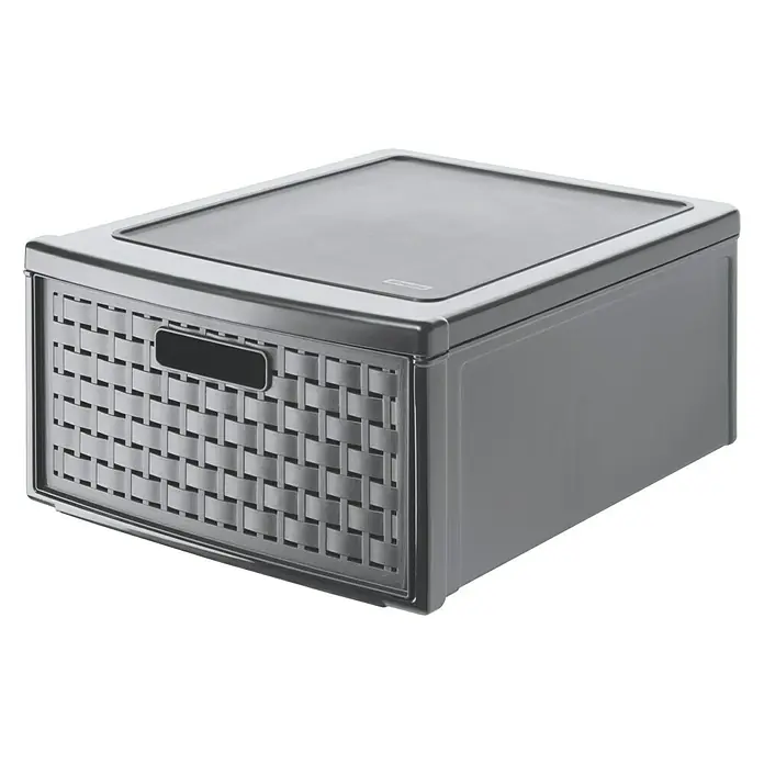 Rotho Schubladenbox Country - L x B x H: 45 x 34 x 20 cm, Anthrazit, Anzahl Schubladen: 1 Stk. - Nahaufnahme einer grauen Schubladenbox mit gewebter Frontstruktur, ideal für die Aufbewahrung und Organisation im Haushalt.