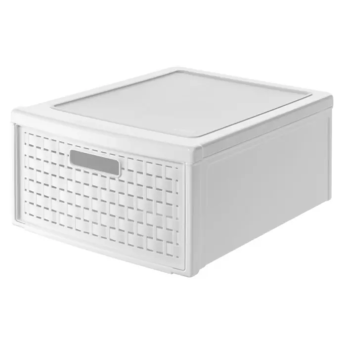 Rotho Schubladenbox Country - L x B x H: 45 x 34 x 20 cm, Weiß, Anzahl Schubladen: 1 Stk. - Ein weißer Kunststoff-Aufbewahrungskorb mit geflochtener Front und transparentem Deckel für eine ordentliche Aufbewahrung.