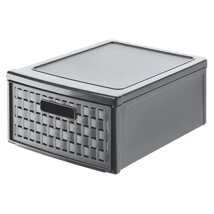 Rotho Schubladenbox Country - L x B x H: 35 x 26 x 14,5 cm, Anthrazit, Anzahl Schubladen: 1 Stk. - Ein grauer Aufbewahrungsbehälter mit geflochtener Schublade und durchsichtigem Deckel zur Aufbewahrung verschiedener Gegenstände.