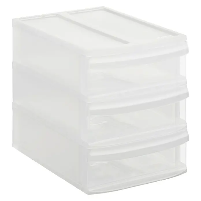 Rotho Schubladenbox Systemix Tower - L x B x H: 26,5 x 19,2 x 23,3 cm, Transparent, Anzahl Schubladen: 3 Stk. - Eine durchsichtige, weiße Aufbewahrungsbox mit drei Schubladen, ideal für Büro oder Zuhause, zur übersichtlichen Lagerung von Gegenständen.