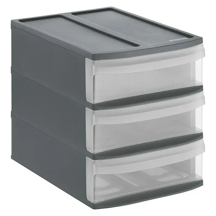 Rotho Schubladenbox Systemix Tower - L x B x H: 26,5 x 19,2 x 23,3 cm, Anthrazit, Anzahl Schubladen: 3 Stk. - Graue Schubladenbox mit drei transparenten Schubladen zur Aufbewahrung verschiedener Gegenstände, ideal für Büro oder Zuhause.