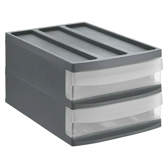 Rotho Schubladenbox Systemix Duo - L x B x H: 39,5 x 25,5 x 20,3 cm, Anthrazit, Anzahl Schubladen: 2 Stk. - Eine graue Schubladenbox mit zwei transparenten Schubladen zur Aufbewahrung von Büroartikeln oder anderen Gegenständen.
