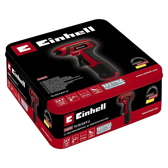 Einhell Classic Akku-Heißklebepistole TC-CG 3,6/1 Li - 3,6 V, 1 Akku, 1.500 mAh, Durchmesser Klebepatrone: 7 mm - Bild der Verpackung für die Einhell Akku-Heißklebepistole TC-CG 3,6/1 Li, ein kabelloses Werkzeug für vielseitige Klebeanwendungen.