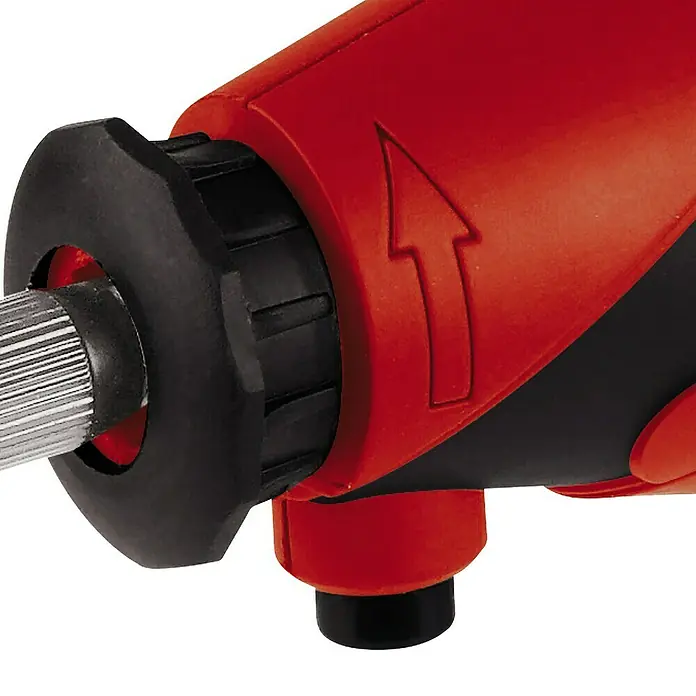 Einhell Classic Schleif- & Gravurwerkzeug TC-MG 135 E - 135 W, 10.000 U/min - 35.000 U/min - Nahaufnahme eines roten und schwarzen Schraubendrehers mit Drehrad und Metalleinsatz.