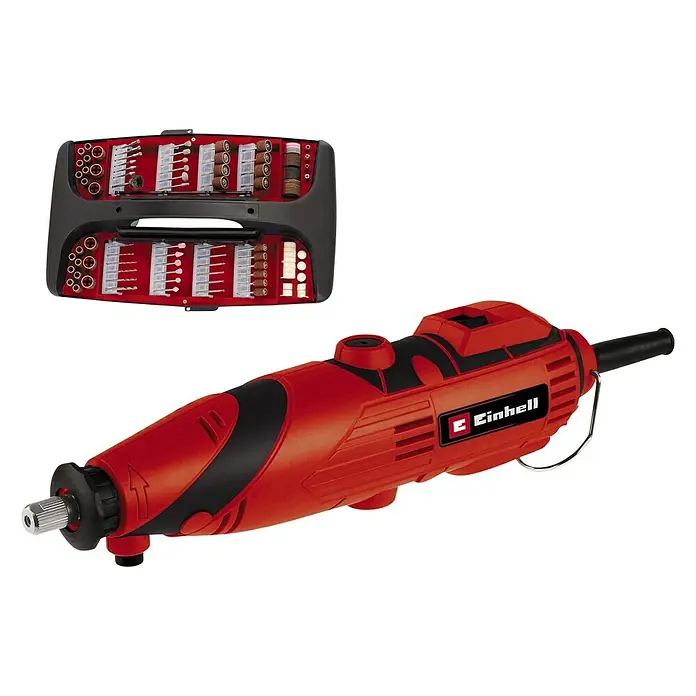 Einhell Classic Schleif- & Gravurwerkzeug TC-MG 135 E - 135 W, 10.000 U/min - 35.000 U/min - Ein roter Einhell Multifunktionsschleifer mit Schleifaufsätzen in einer Box. Dieses Set ist ideal für verschiedene Schleifarbeiten.