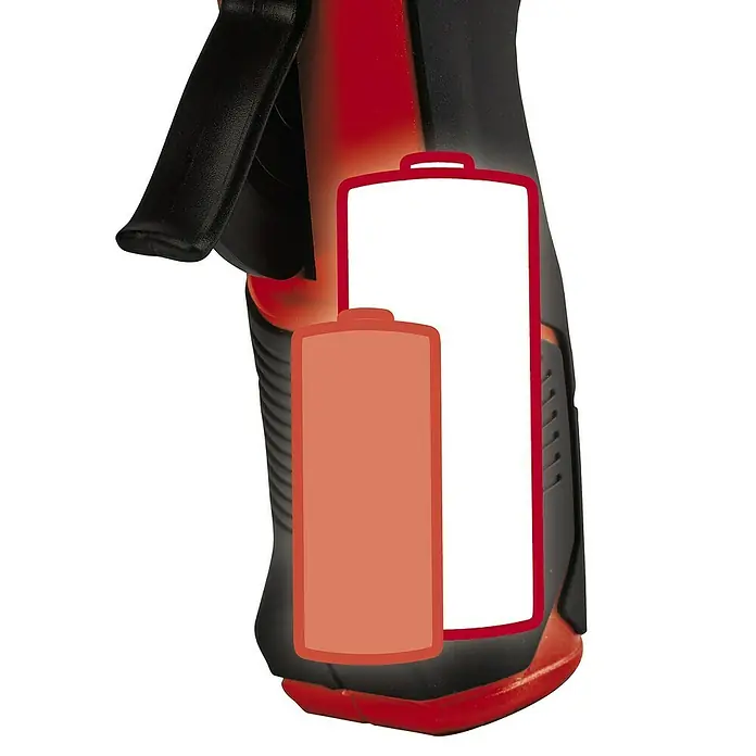 Einhell Classic Akku-Heißklebepistole TC-CG 3,6/1 Li - 3,6 V, 1 Akku, 1.500 mAh, Durchmesser Klebepatrone: 7 mm - Detaillierte Ansicht eines Werkzeugs mit herausnehmbarem Akku, ideal für Heimwerker und Profis. Das Bild zeigt die Akku-Funktion des Geräts.