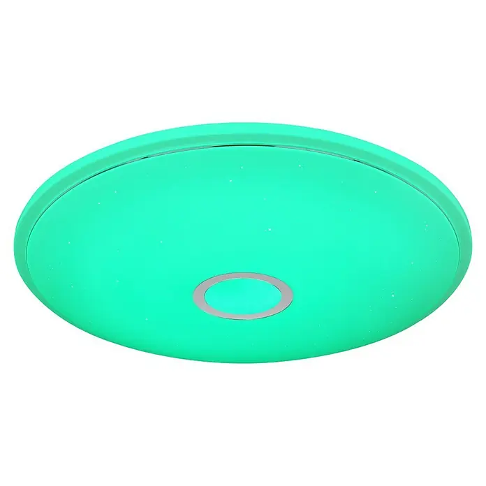 Globo LED-Deckenleuchte rund Connor - 30 W, Ø x H: 680 cm x 90 mm, Weiß, RGB - Moderne Deckenleuchte mit türkisfarbenem Licht und silbernem Akzent in der Mitte, ideal für stilvolle Innenräume.