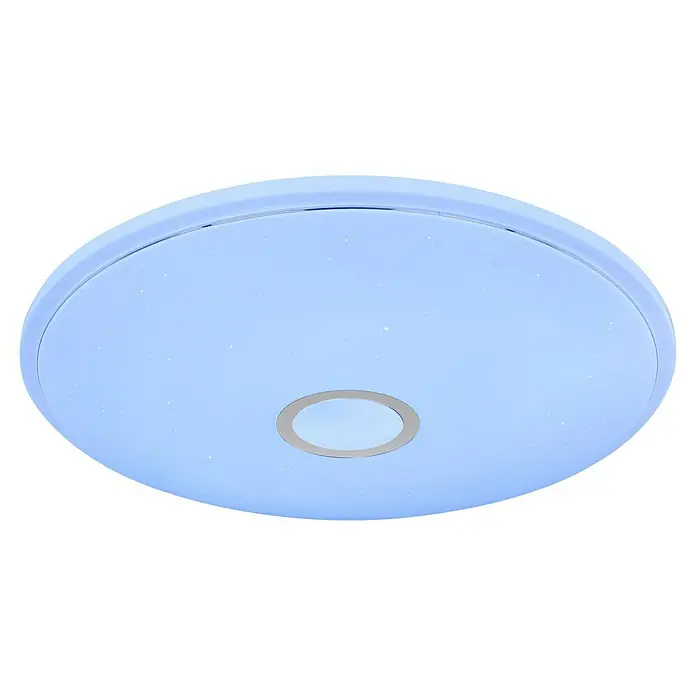 Globo LED-Deckenleuchte rund Connor - 30 W, Ø x H: 680 cm x 90 mm, Weiß, RGB - Ein kreisförmiger, blauer LED-Deckenleuchter mit einem kleinen Ring in der Mitte, der an ein Sternbild erinnert.