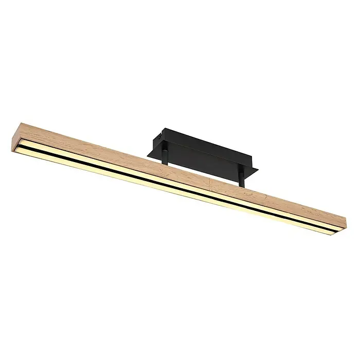 Globo Doro LED-Deckenleuchte Holzoptik - 24 W, L x B x H: 81,5 x 7,5 x 14 cm, Holzoptik/Schwarz, Warmweiß - Bild einer modernen LED-Deckenleuchte mit Holzstruktur und schwarzem Gehäuse vor einem schwarzen Hintergrund.
